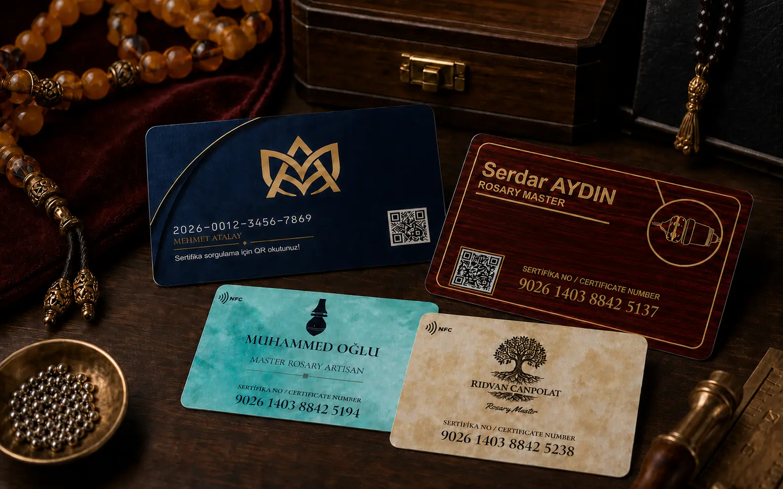 Tesbih ustaları için premium NFC ve QR sertifika kartı tasarımları