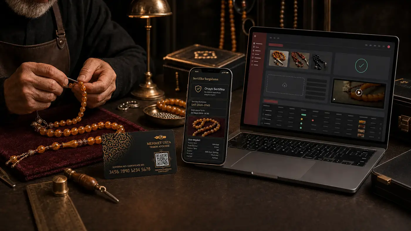 Usta atölyesi, NFC kart, telefonda sertifika doğrulama ve laptop admin paneli görseli